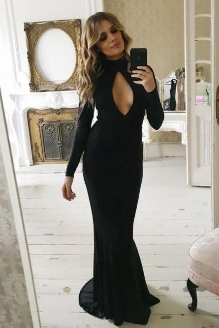 Long Sleeves Black Prom Dress With Keyhole Front