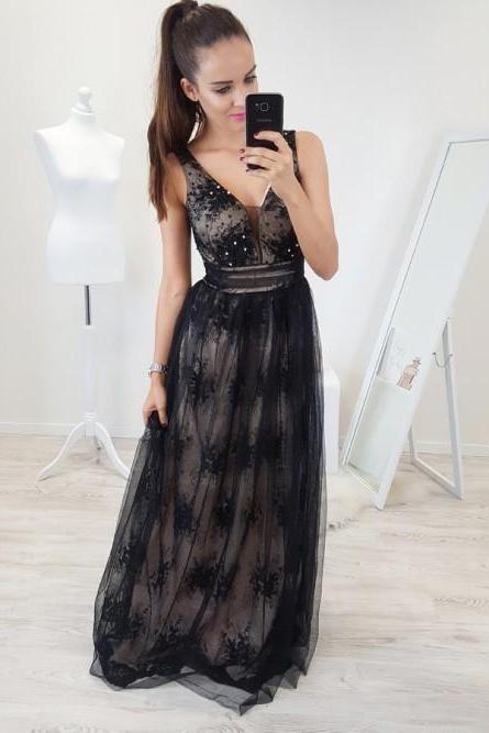 Illusion Plunging Neck Prom Dress With Lace Overlay