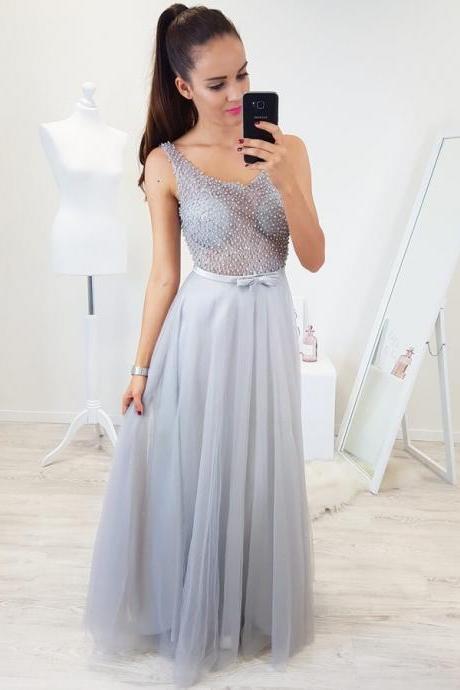 Scoop Neckline Light Grey Prom Dress With Beaded Illusion Bodice