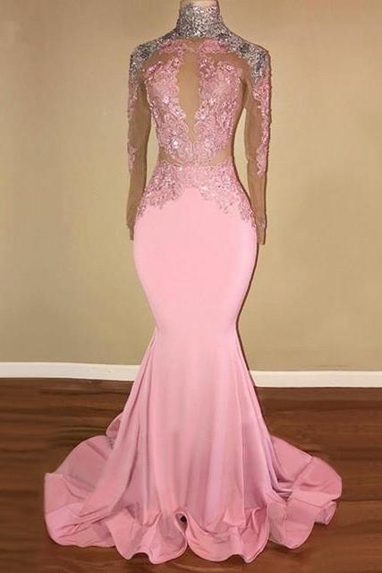 High Neck Backless Pink Long Sleeves Prom Dress With Silver Appliques