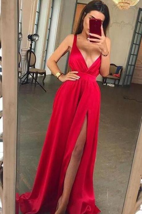 Sexy A Line Prom Dress With Slit, Long Evening Dress, Red Prom Dresses, Prom Dress,party Dress