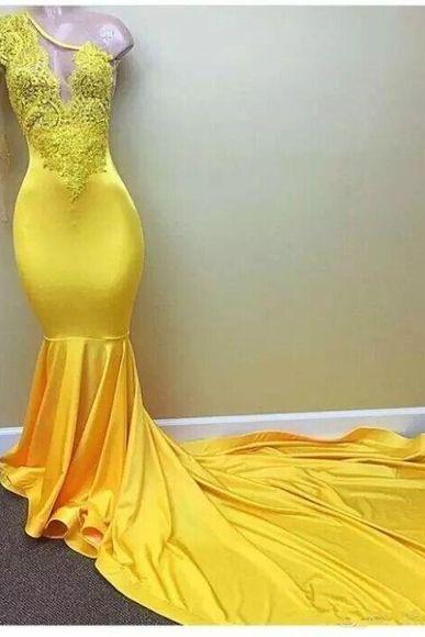 Sexy African Lace Prom Dresses Yellow One Shoulder Long Sleeve Black Girl Evening Dresses