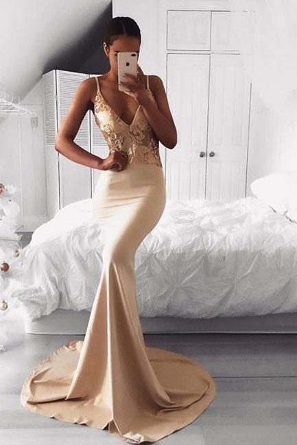 Champagne V Neck Long Prom Dress, Mermaid Evening Dress