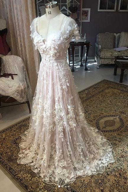 Custom Made V Neck Applique Lace Long Prom Dress, Evening Dress