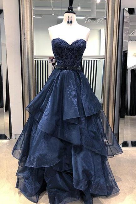Dark Blue Lace Tulle Long Prom Dress, Ball Gown Party Dress For Teens