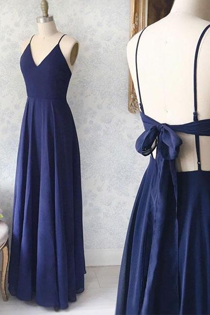 Simple Blue V Neck Chiffon Long Prom Dress, Evening Dress