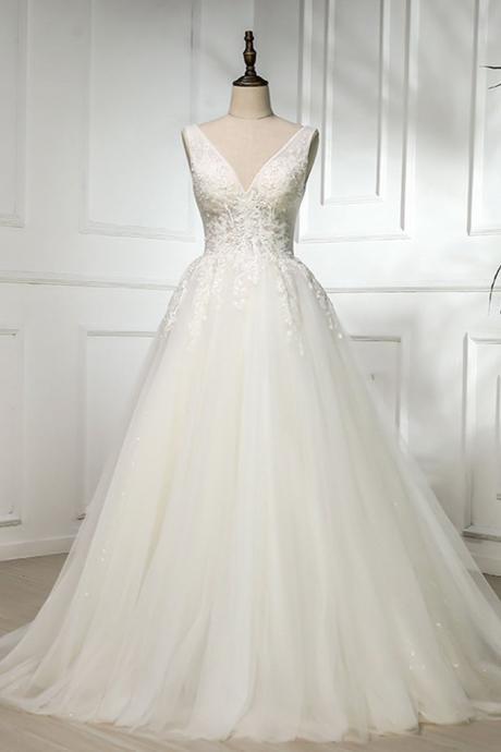 White V Neck Lace Tulle Long Prom Dress, Wedding Dress