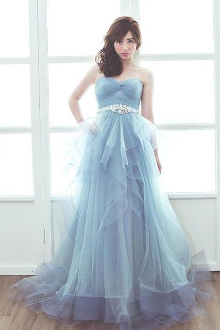 Light Blue Tulle Long Prom Dress, Sweet 16 Dress