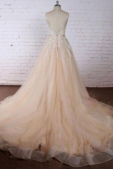 Champagne Round Neck Lace Long Prom Dress, Evening Dress