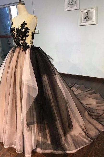 Unique Lace Tulle Long Prom Dress, Evening Dress