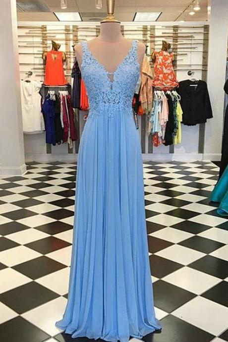 Flowy Light Blue Prom Dresses With V-neck Appliqued Lace Long Chiffon Party Gowns