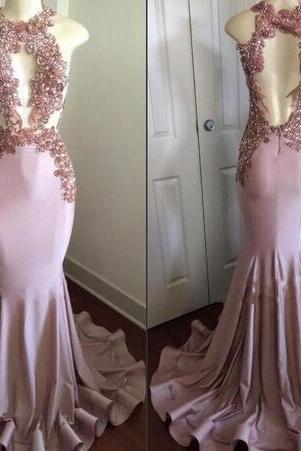 Sheer Bodice Fit To Flare Prom Dress With Beaded Applqiues