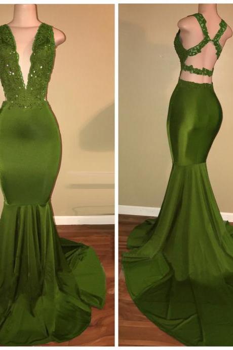 Oliva Green Fit And Flare Prom Dress With Glitter Appliques