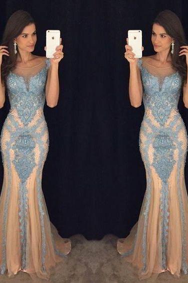 Sheer Neckline Sheath Prom Dress With Blue Appliques