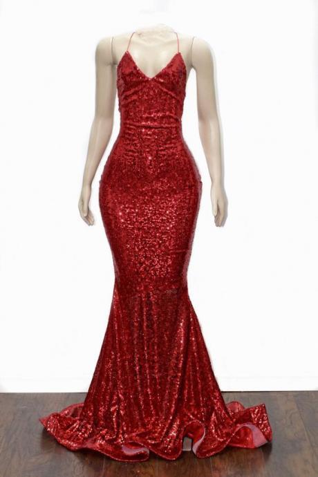 Halter Red Sequin Prom Dress