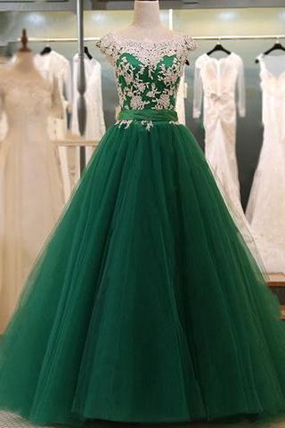 Cap Sleeves Dark Green Prom Dress With Lace