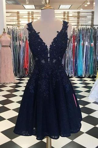 A-line Knee Length Short Navy Homecoming Dress With Lace