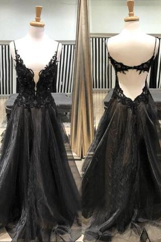 Illusion Plunging Neck Black Organza Prom Dress