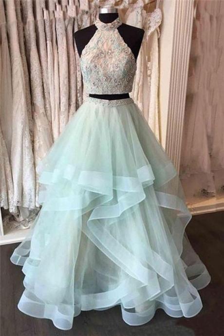 Light Mint Two Pieces Prom Dress With Tiered Skirt