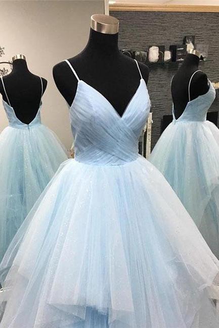 Thin Straps Light Blue Prom Dress With Low Back