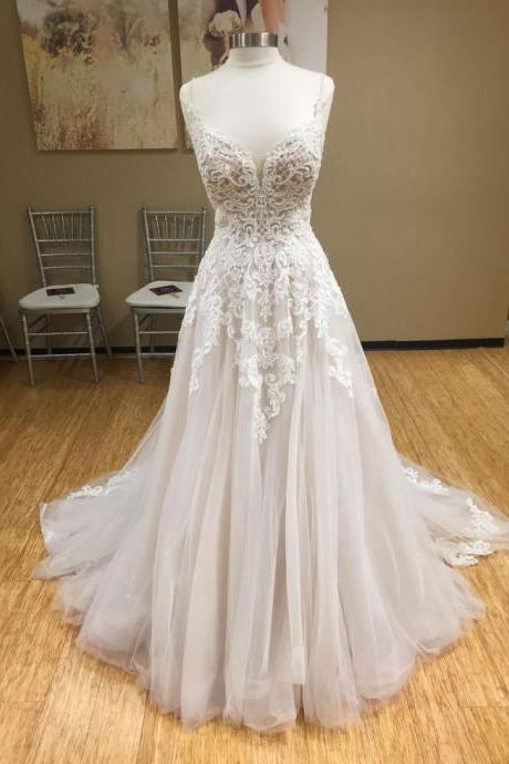 Spaghetti Strap Plunging V Lace Appliques A-line Wedding Dress Featuring Open Back and Train