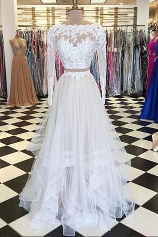 Off White Two Pieces Prom Dress With Long Sleeves Crop Top