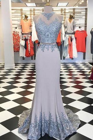 Two Pieces Prom Dress With Appliqus Trim