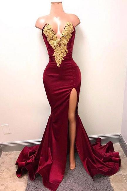 Appliqued V Neck Mermaid Prom Dress With Slit