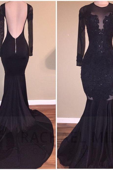 Backless Black Prom Dress With Long Sleeves