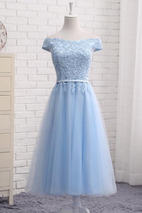 Tea Length Light Blue Semi Formal Dress Wedding Party Dress