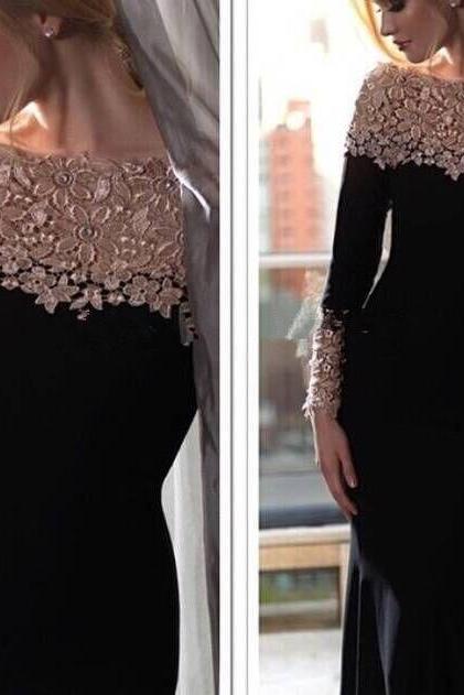 Long Sleeves Black Prom Dress With Lace Chest
