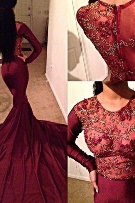 Long Sleeves Burgundy Prom Dress With Sheer Bodice