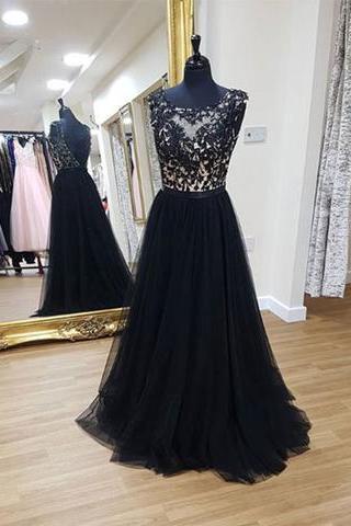 Cap Sleeves Black Prom Dress With V Back