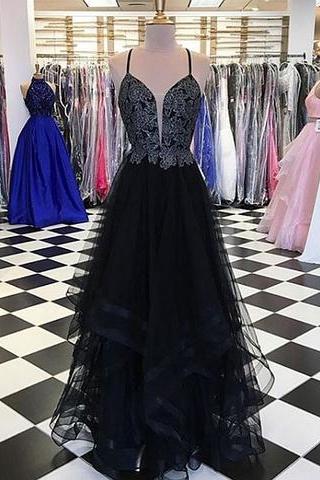 Plunging Neck Black Prom Dress