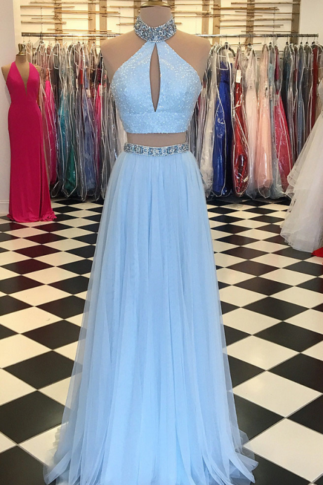 Light Blue Two Pieces Prom Dress
