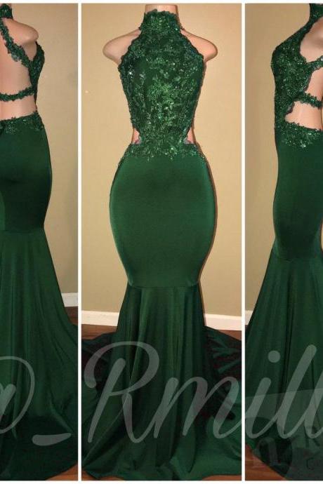High Collar Emerald Green Prom Dress