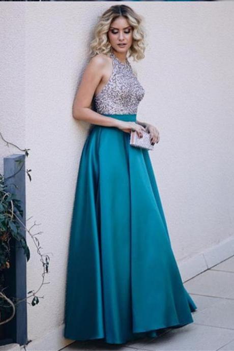 Long Halter Prom Dress With Silver Beaded Bodice