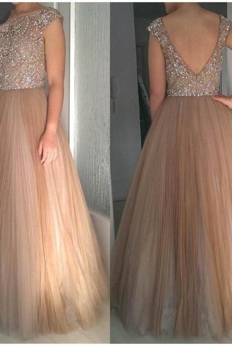 Cap Sleeves Beaded Long Prom Dress With V Back