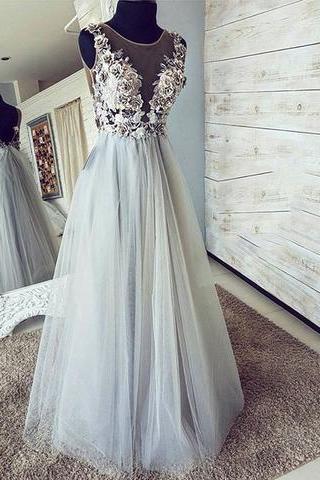 Illusion Neck Long Grey Prom Dress