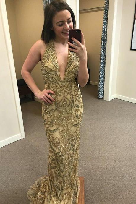 Halter Gold Prom Dress Low Back Special Occasion Dress