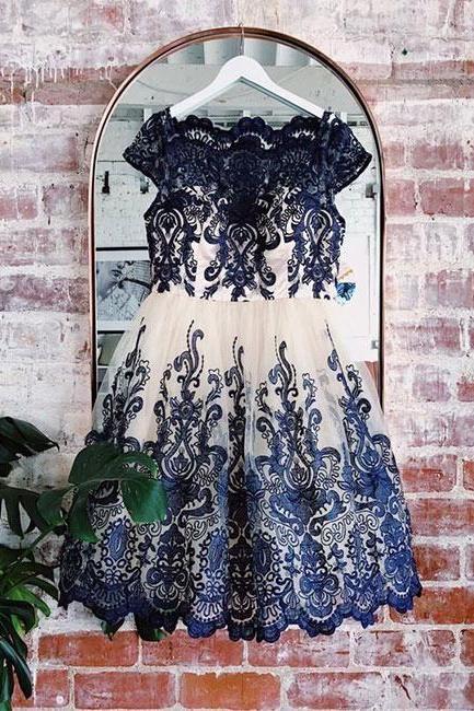 Homecoming Dress With Navy Appliques Lace