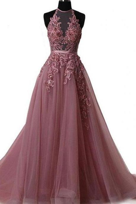 Halter Long Prom Dress With Illusion Bodice