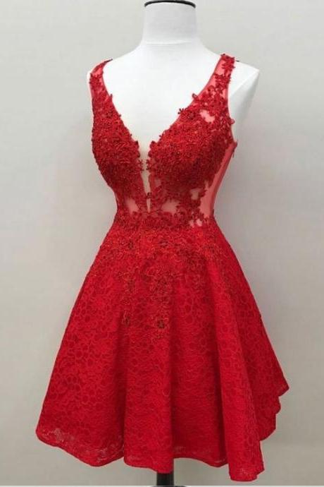 Short Red Lace Homecoming Dress Party Dress