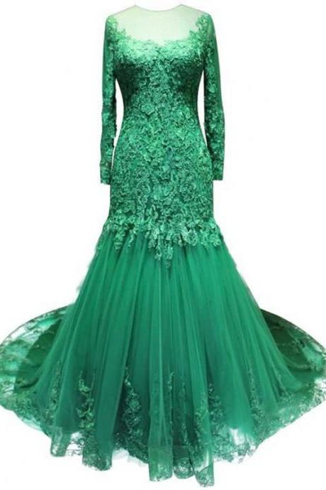 Long Sleeves Green Formal Occasion Dress