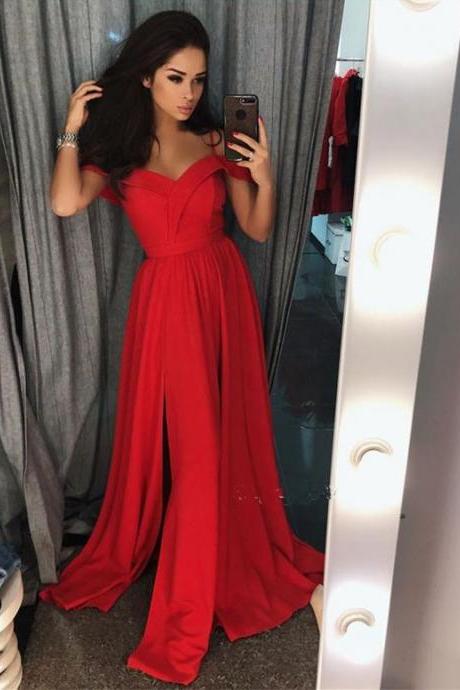 Cold Shoulder Red Prom Dress Evening Dress With Slit