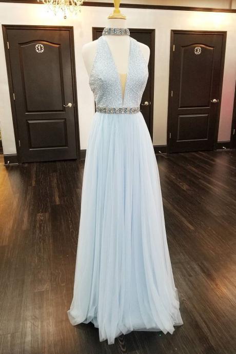 Plunging Neckline Halter Prom Dress With Low Back