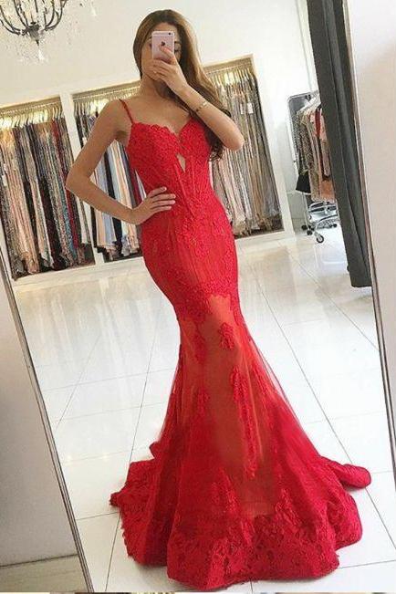 Spaghetti Straps Sweep Train Red Prom Dress With Appliques