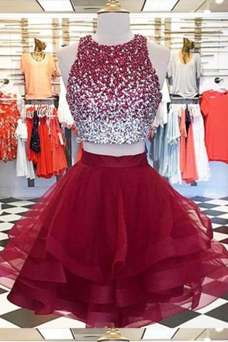 Short Two Pieces Prom Dress With Beaded Crop Top