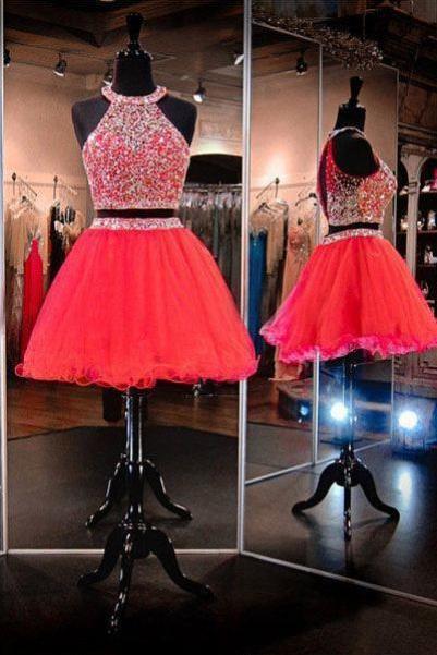 Two Pieces Short Prom Dress Red Homecoming Dress With Beads