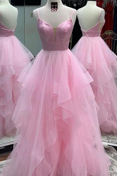 Spaghetti Straps Pink Formal Occasion Dresses With Tiered Skirt